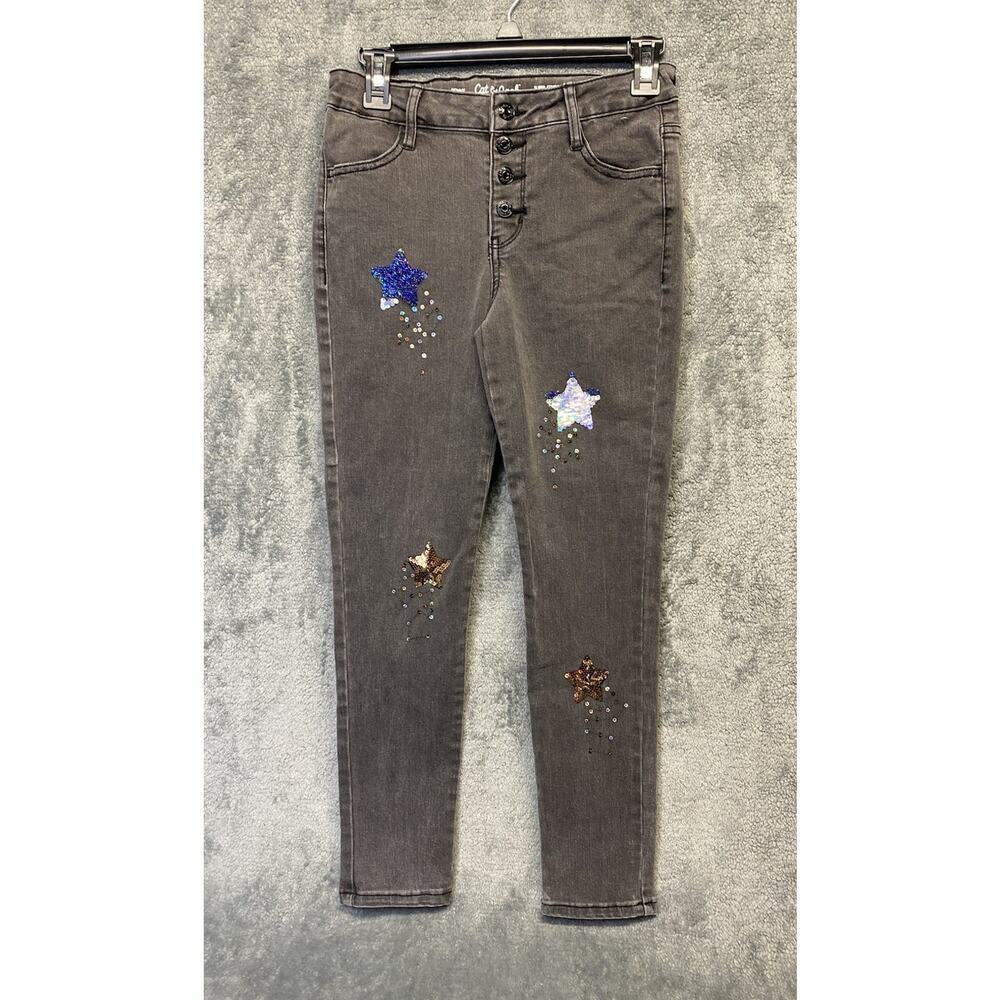 Cat & Jack Jeans Girls 12 Flip Sequin Star Skinny Super Stretch Adjustable Waist